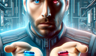 a man holding a red pill and a blue pill